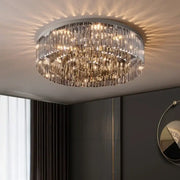 DecorBites crystal chandelier circular ceiling light with clear faceted crystal prisms and polished chrome frame for luxury decor