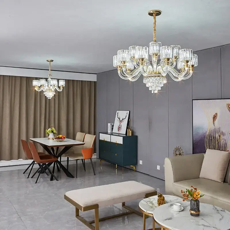 A decorbites crystal chandelier with gold-toned metal and clear glass prisms for luxury Nordic home lighting