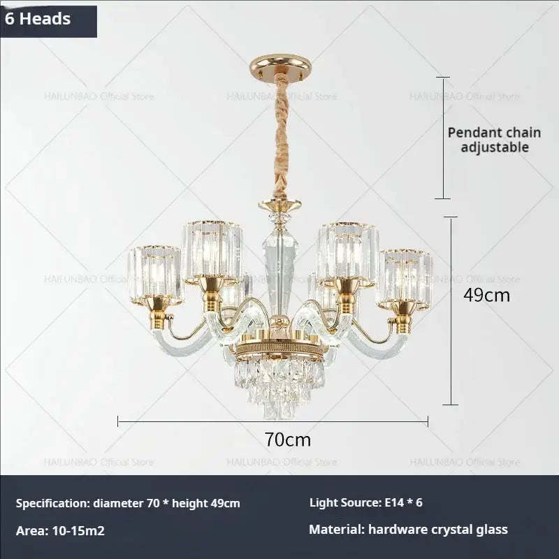 Gold-toned decorbites crystal chandelier with six crystal glass shades and a pendant chain for luxury home lighting