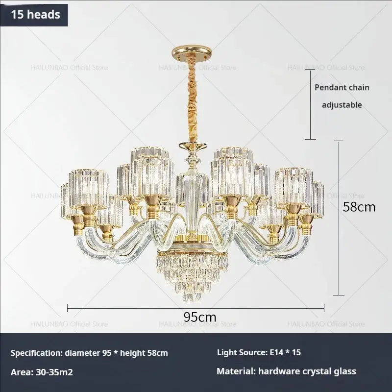 A decorbites crystal chandelier with 15 heads, golden metal frame, clear crystal glass, and adjustable pendant chain for luxury home lighting