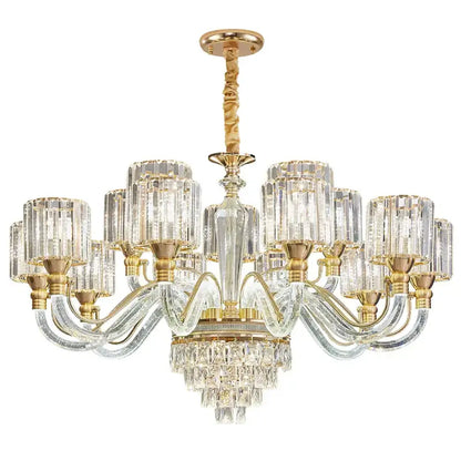 Elegant gold-toned decorbites crystal chandelier with clear crystal prisms and cascading glass arms for luxury home decor