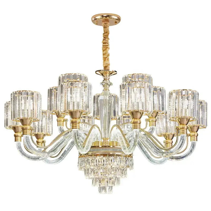 Elegant gold-toned decorbites crystal chandelier with clear crystal prisms and cascading glass arms for luxury home decor