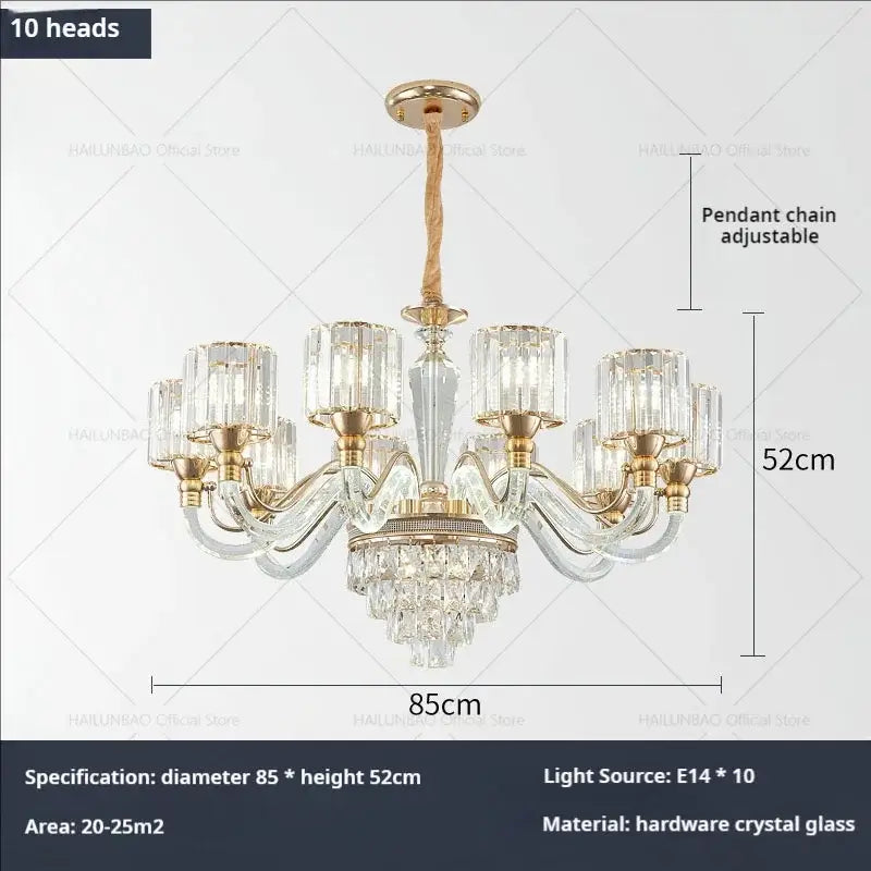A gold-toned decorbites crystal chandelier with ten crystal glass shades and cascading clear crystals for luxury home use