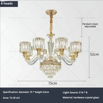 Elegant gold-toned decorbites crystal chandelier with eight glass shades and cascading clear crystal accents for luxury homes