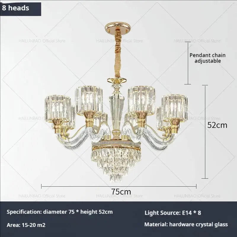 Elegant gold-toned decorbites crystal chandelier with eight glass shades and cascading clear crystal accents for luxury homes