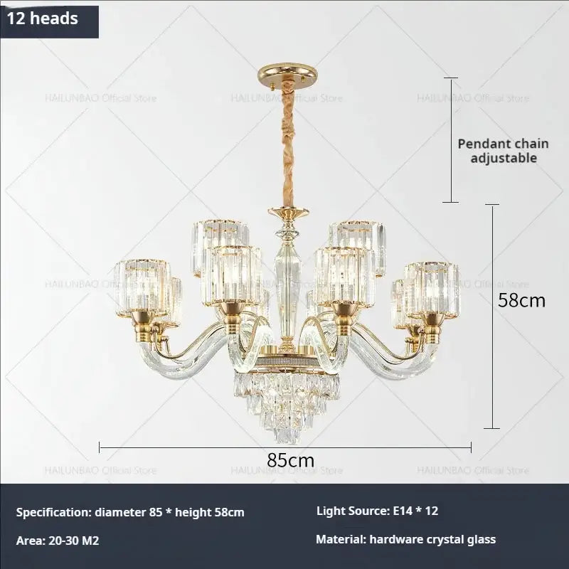 Gold-toned decorbites crystal chandelier with twelve clear glass shades and decorative pendant chain for luxury home use