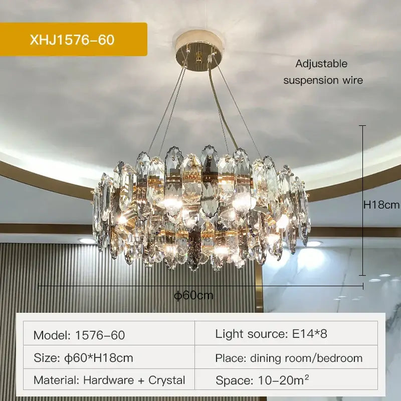 Decorbites crystal chandelier with gold-toned metal frame and glass prisms for elegant living and dining rooms