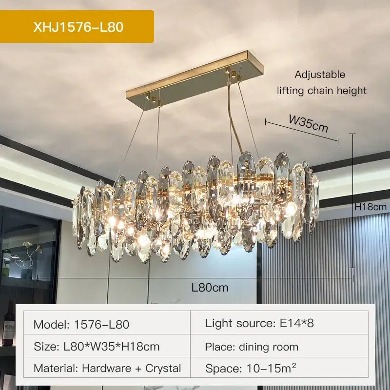 A modern decorbites crystal chandelier with clear crystal droplets and gold hardware for living room and bedroom decor