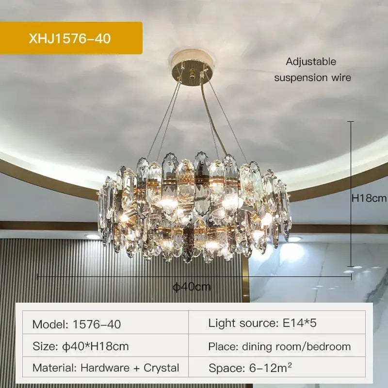 Elegant decorbites crystal chandelier model xhj1576-40 with gold metal frame and glass prisms for living room