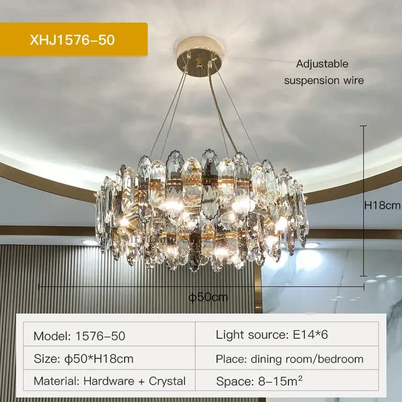 Elegantly designed decorbites crystal chandelier with clear and gold-toned crystals for luxury living spaces