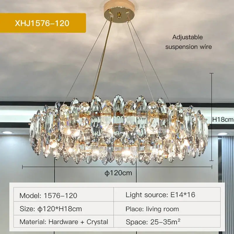 Decorbites crystal chandelier with gold metal frame and faceted clear crystals for luxury living and dining rooms