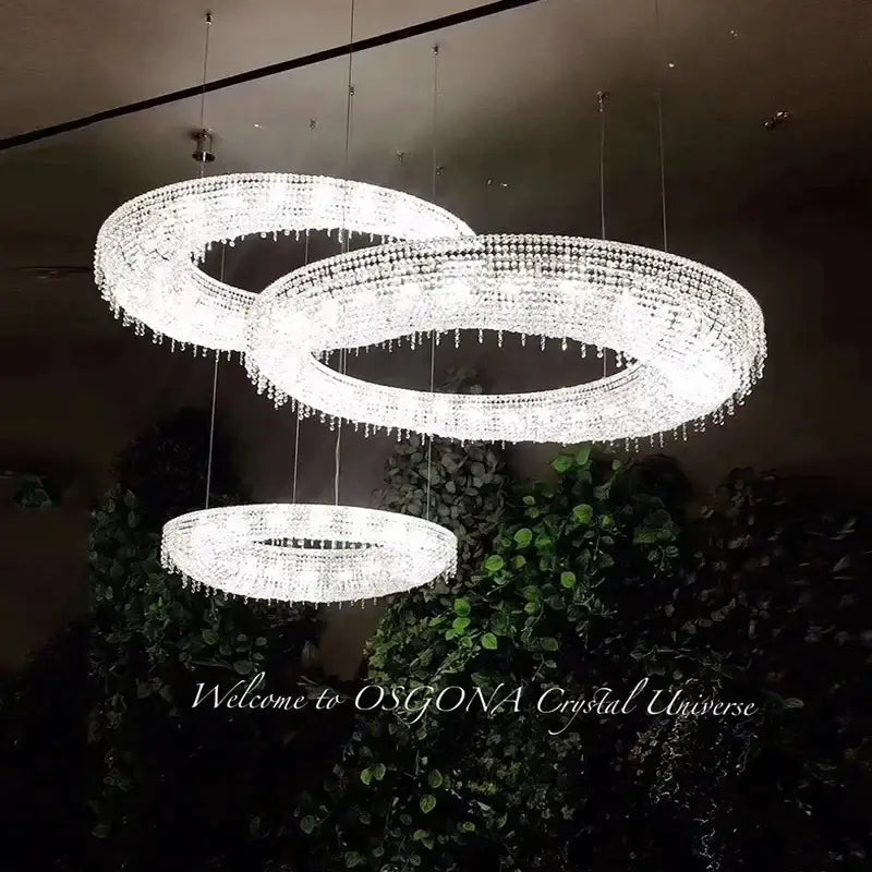 Three interlocking decorbites crystal chandeliers with clear faceted glass beads for living and dining rooms