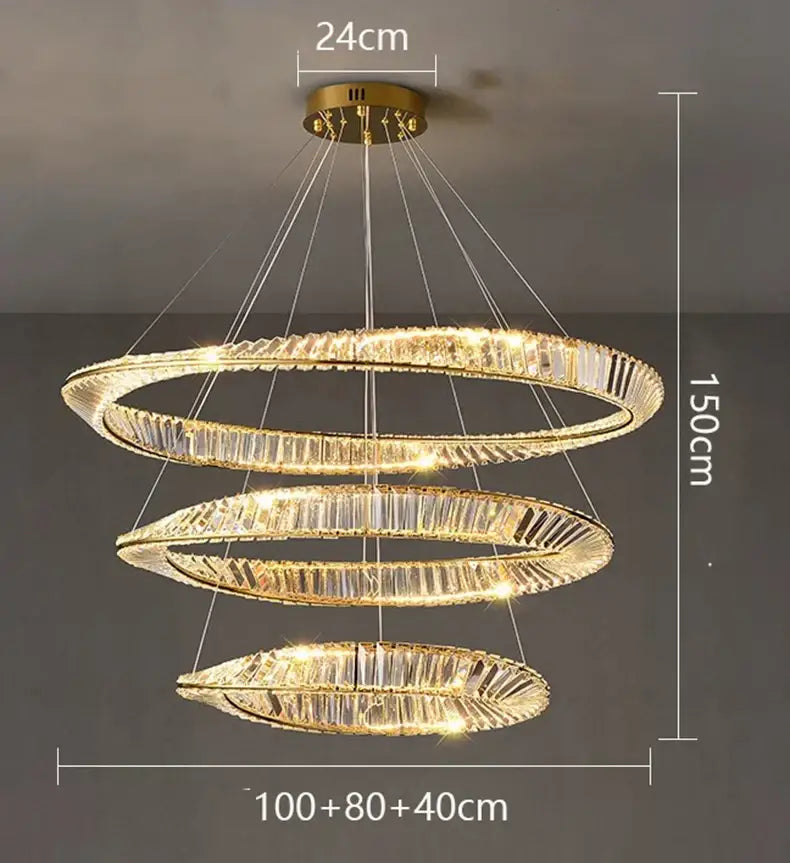 Decorbites crystal chandelier featuring golden spiral design with three interlocking crystal rings for luxury lighting