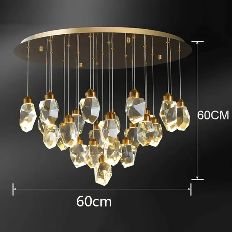 A decorbites crystal chandelier with circular gold ceiling mount and faceted clear crystal pendants for living room
