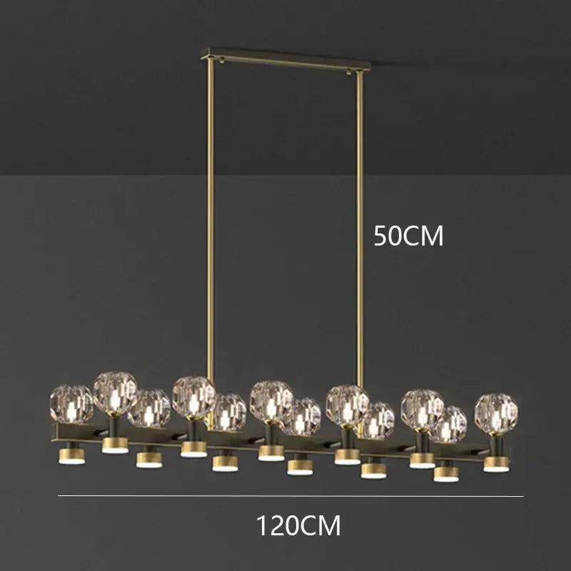 Gold-toned decorbites crystal chandelier with multiple crystal globe bulbs and sleek rectangular frame for living room