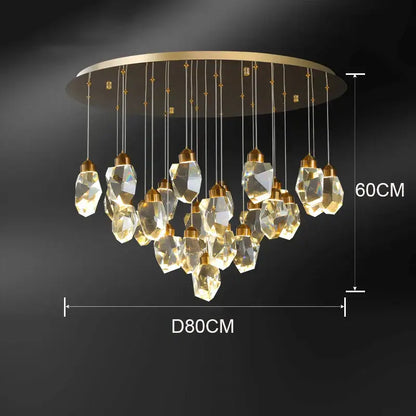 A decorbites crystal chandelier with gold circular frame and clear glass pendant light for living and dining room
