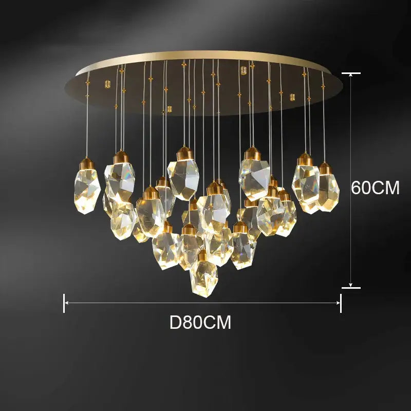 A decorbites crystal chandelier with gold circular frame and clear glass pendant light for living and dining room
