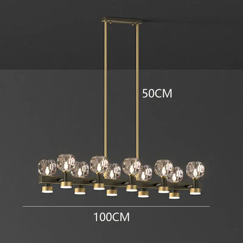 DecorBites crystal chandelier with ten faceted crystal globes in a modern brass finish for living and dining rooms
