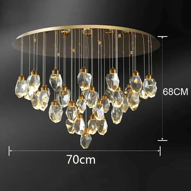 DecorBites crystal chandelier with gold-toned frame and faceted clear crystals for living and dining rooms
