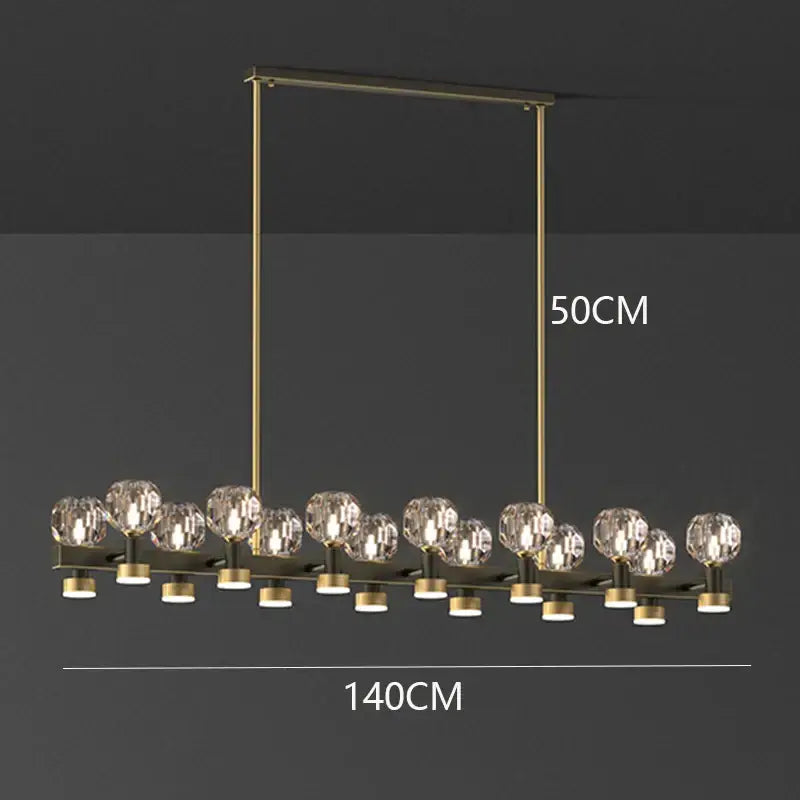 Modern brass-finished decorbites crystal chandelier with rectangular frame and crystal globe pendants for living and dining room
