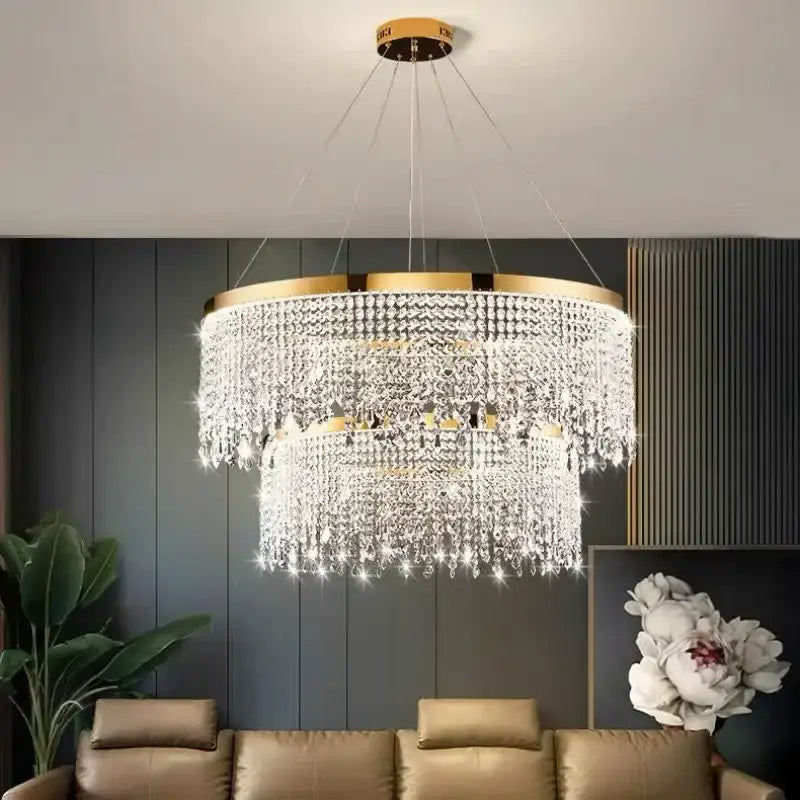 Decorbites crystal chandelier luxury pendant light with gold frame and cascading clear crystals for living dining room