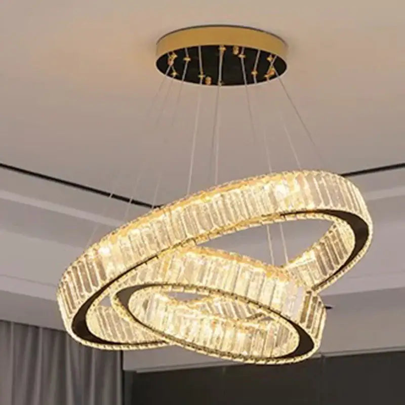 Gold-toned decorbites crystal chandelier with two interlocking rings luxury pendant lighting for living room and staircase