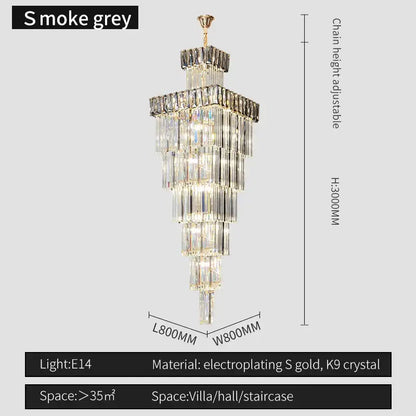 Decorbites crystal chandelier with smoke grey tiered design and electroplated gold frame with k9 crystal strands