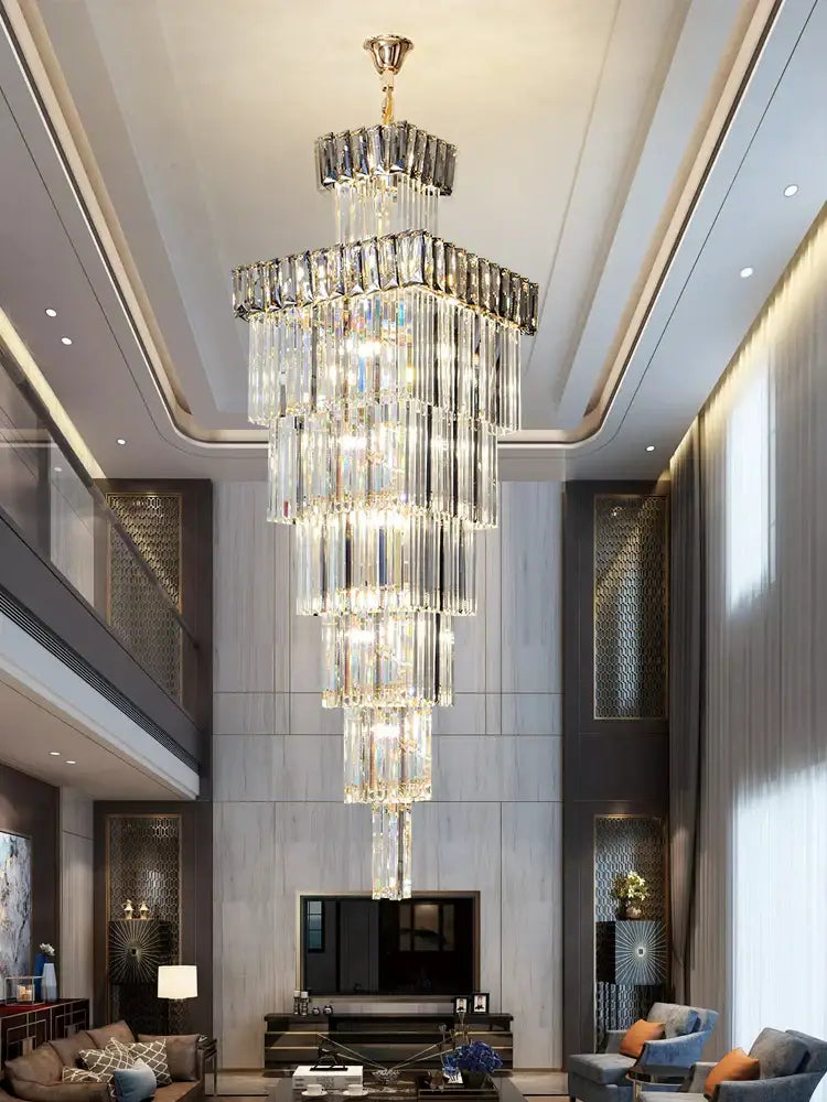 DecorBites crystal chandelier with gold-toned top and clear glass prisms for luxury duplex loft lighting
