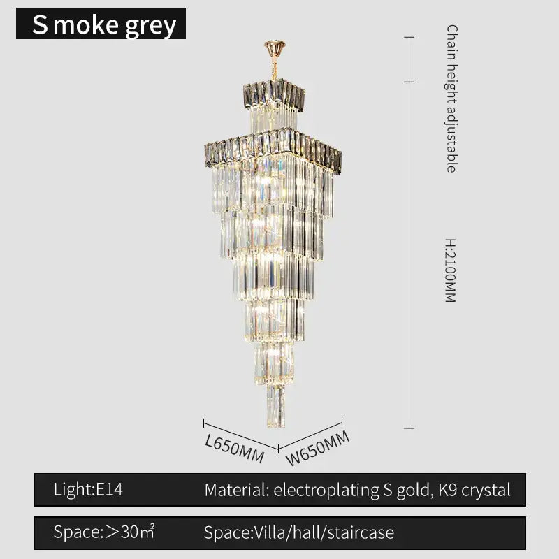Smoke grey tiered decorbites crystal chandelier with electroplated gold frame and k9 crystal strands for luxury loft