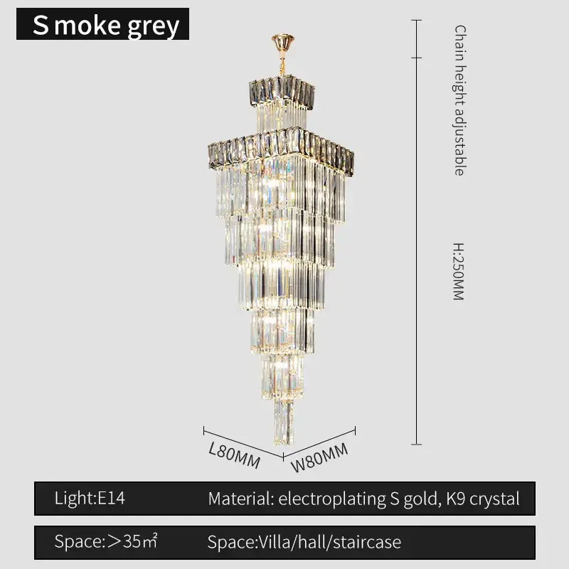 S smoke grey tiered decorbites crystal chandelier with electroplated gold and k9 crystal for duplex loft lighting