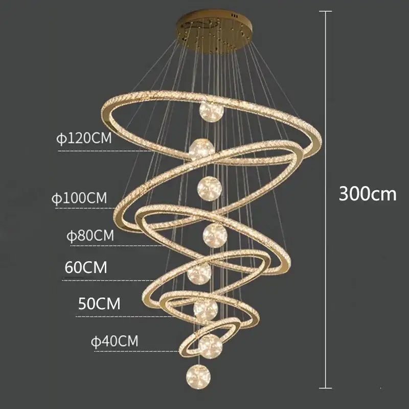 Gold-toned decorbites crystal chandelier with multiple concentric rings and crystal spheres for luxury indoor lighting