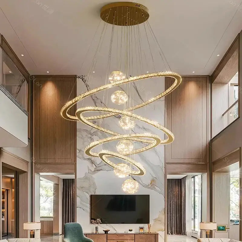 Golden spiral decorbites crystal chandelier with crystal accents and spherical light fixtures for indoor lighting