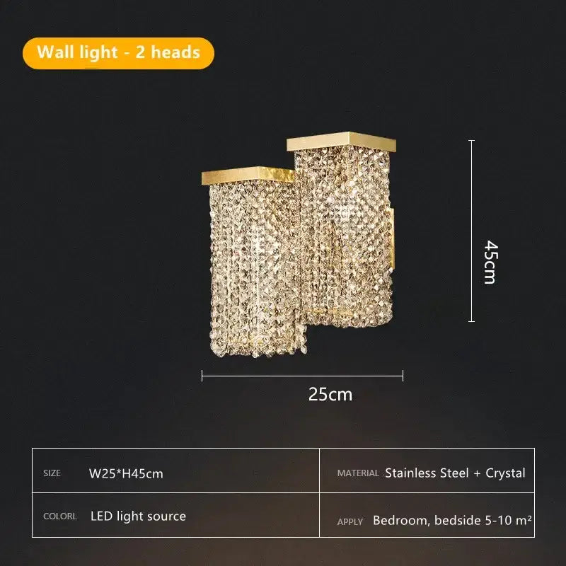 Gold-toned decorbites crystal chandelier with two rectangular crystal-encrusted heads in stainless steel for modern lighting