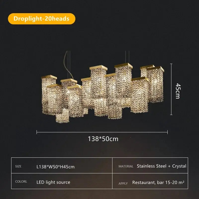 Gold-toned decorbites crystal chandelier with 20 crystal rectangular heads suspended on stainless steel frames for modern lighting