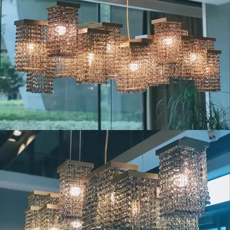 A decorbites crystal chandelier with rectangular crystal panels and warm metallic frames for modern bar lighting