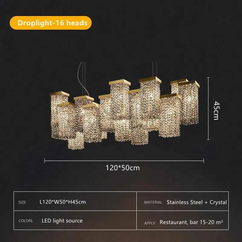 Gold-toned decorbites crystal chandelier with 16 crystal-encrusted rectangular heads on stainless steel frame for modern lighting