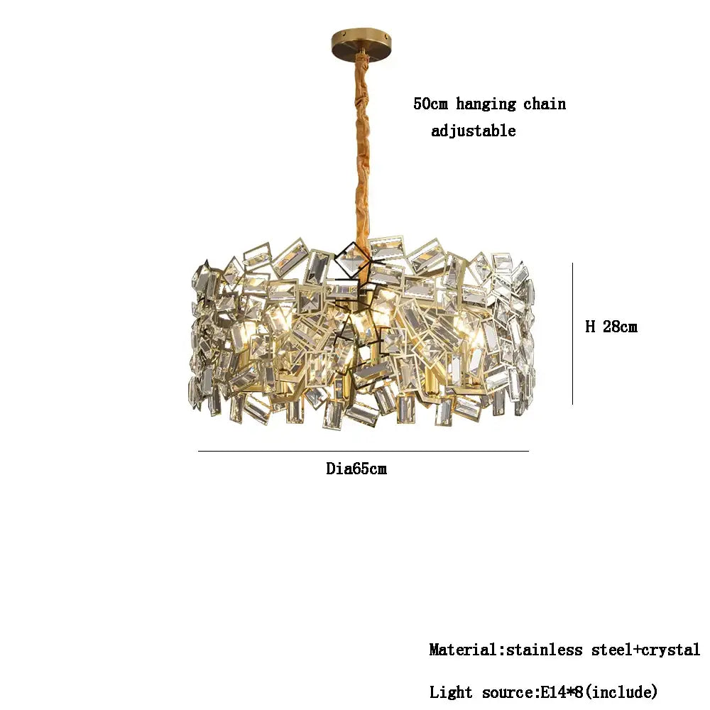 A decorbites crystal chandelier with gold-toned metal frame and clear rectangular crystals for modern bedroom lighting