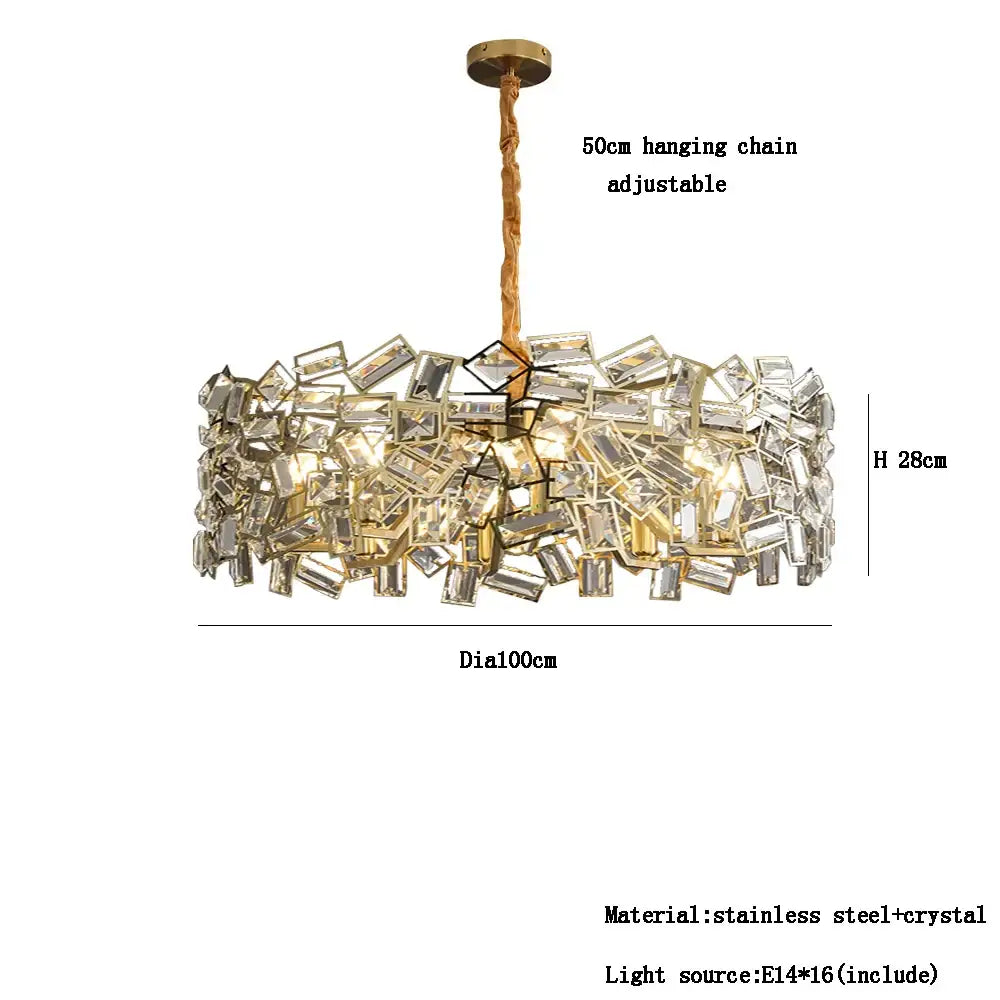 Modern decorbites crystal chandelier with golden stainless steel frame and overlapping clear rectangular crystals for bedroom lighting