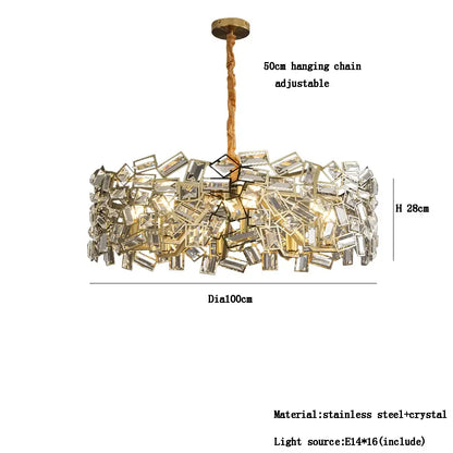Modern decorbites crystal chandelier with golden stainless steel frame and overlapping clear rectangular crystals for bedroom lighting