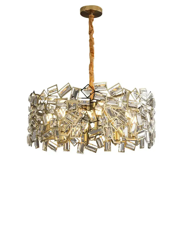 DecorBites crystal chandelier with gold-toned twisted chain and clear rectangular crystals for modern bedroom lighting