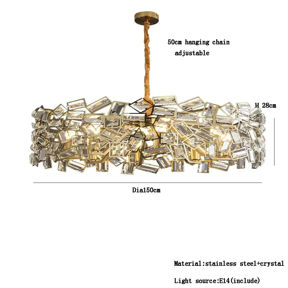 Gold-toned decorbites crystal chandelier with circular design of clear faceted crystals in stainless steel for modern bedroom lighting