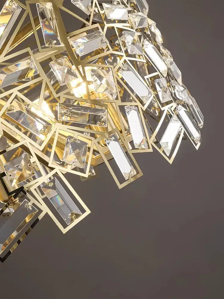 Decorbites crystal chandelier with golden metal frame and clear rectangular crystal prisms for modern bedroom lighting