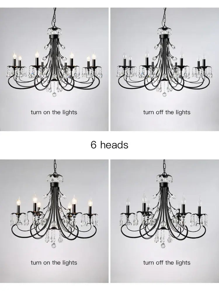 Black wrought iron decorbites crystal chandelier with six candle-style E14 lights for modern living room decor