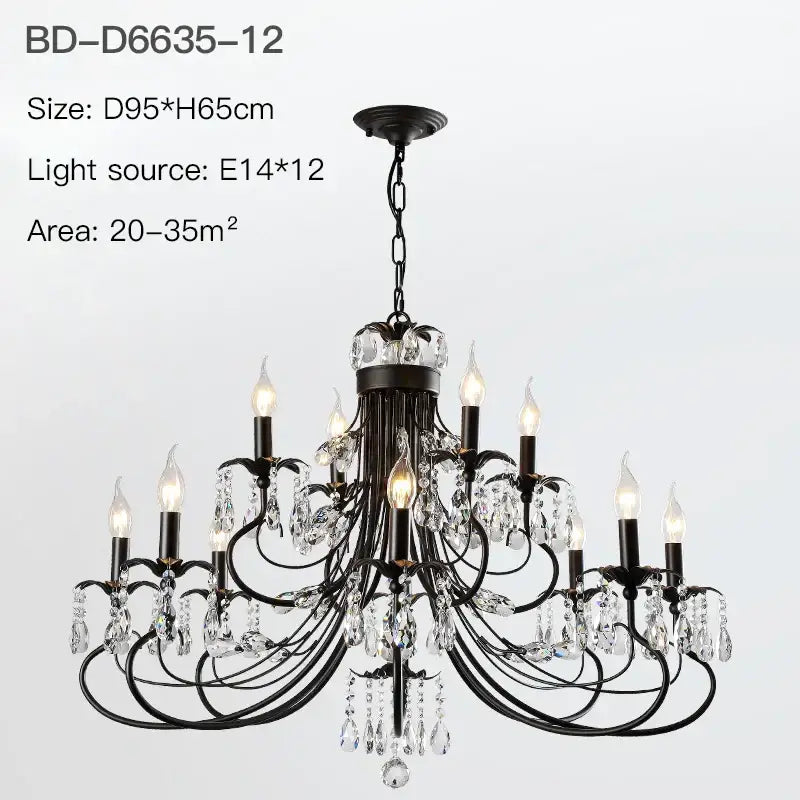 Black wrought iron DecorBites crystal chandelier with candle-style bulbs and crystal droplets for living room lighting