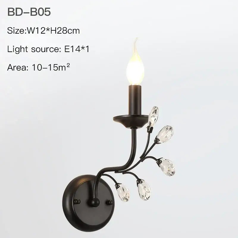 Black wrought iron decorbites crystal chandelier wall sconce with crystal accents and e14 bulb for living room lighting