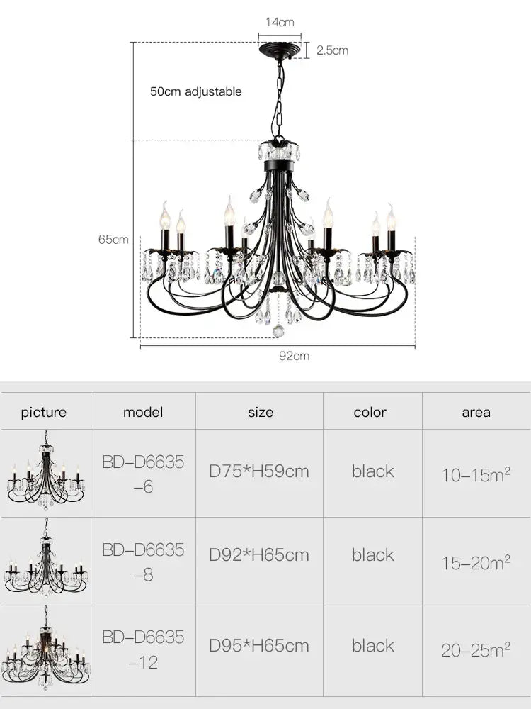 Decorbites crystal chandelier black wrought iron with crystal droplets and candle style bulbs for living room lighting