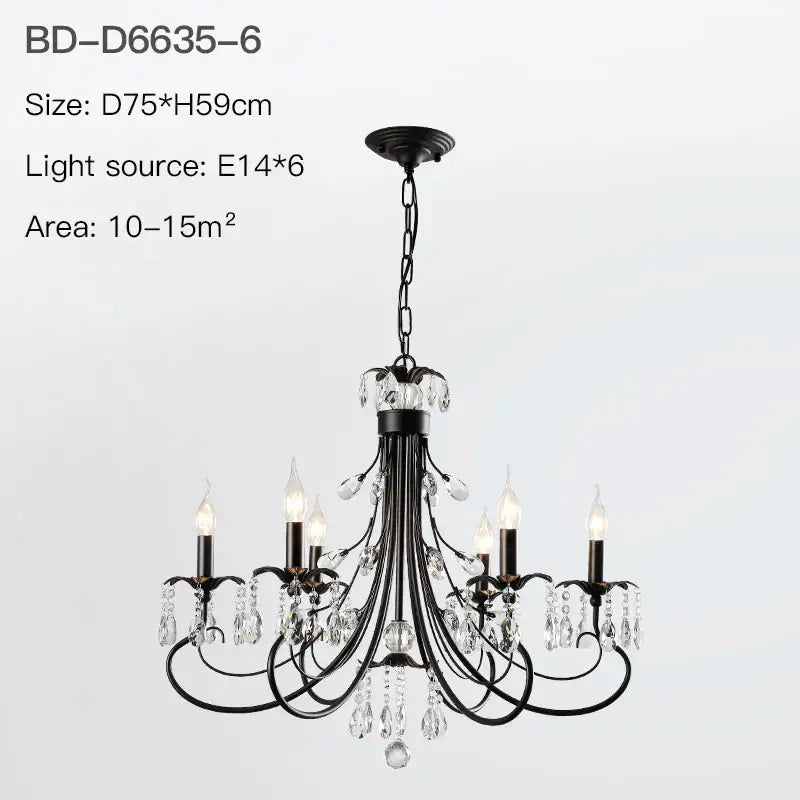 Black wrought iron decorbites crystal chandelier with crystal droplets and candle style bulbs for living room lighting
