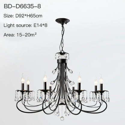 Black wrought iron decorbites crystal chandelier with crystal droplets and candle-style bulbs for living room lighting