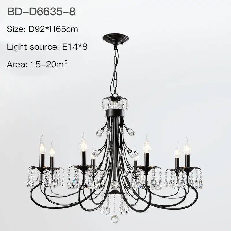 Black wrought iron decorbites crystal chandelier with crystal droplets and candle-style bulbs for living room lighting