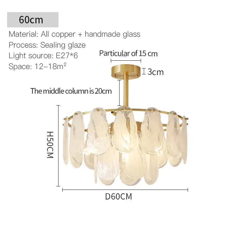Decorbites crystal chandelier with modern brass finished copper frame and handcrafted translucent glass leaves for interiors